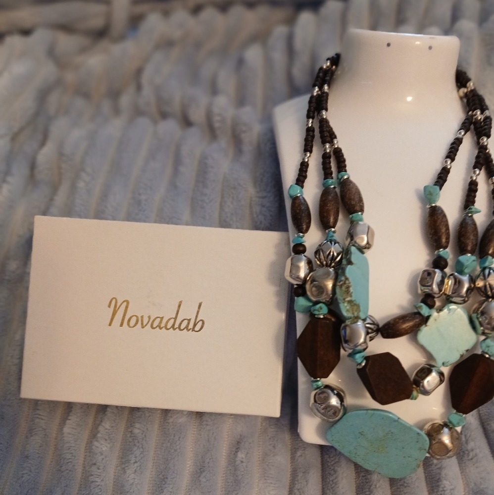 Novadab Turquoise and Brown Multi Layer Statement  Necklace Chunky Boho Style